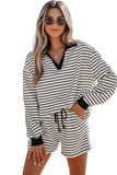 Black Stripe Collared Long Sleeve Top and Drawstring Shorts Set