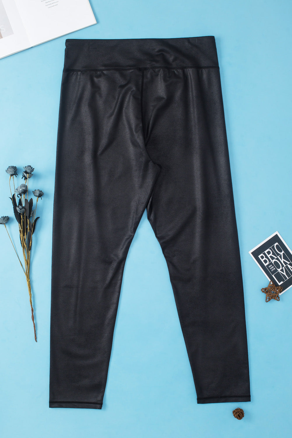 Black Crossed Dip Waist Sleek Leather Leggings