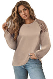 Lace Shoulder Patch Waffle Knit Long Sleeve Top