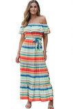 Print Lace-up Ruffled Off Shoulder Maxi Dress