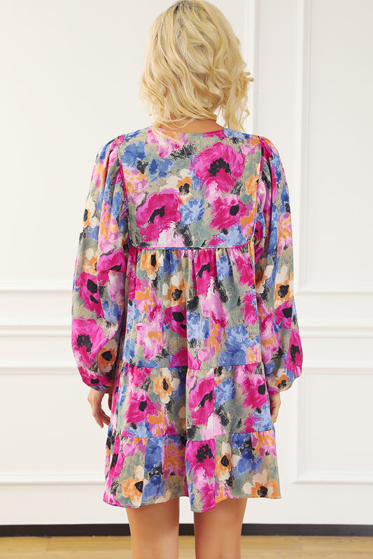 Multicolour Floral Tie Neck Bubble Sleeve Shift Dress