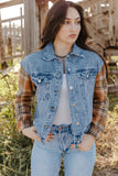 Medium Wash Plaid Sleeves Denim Jacket