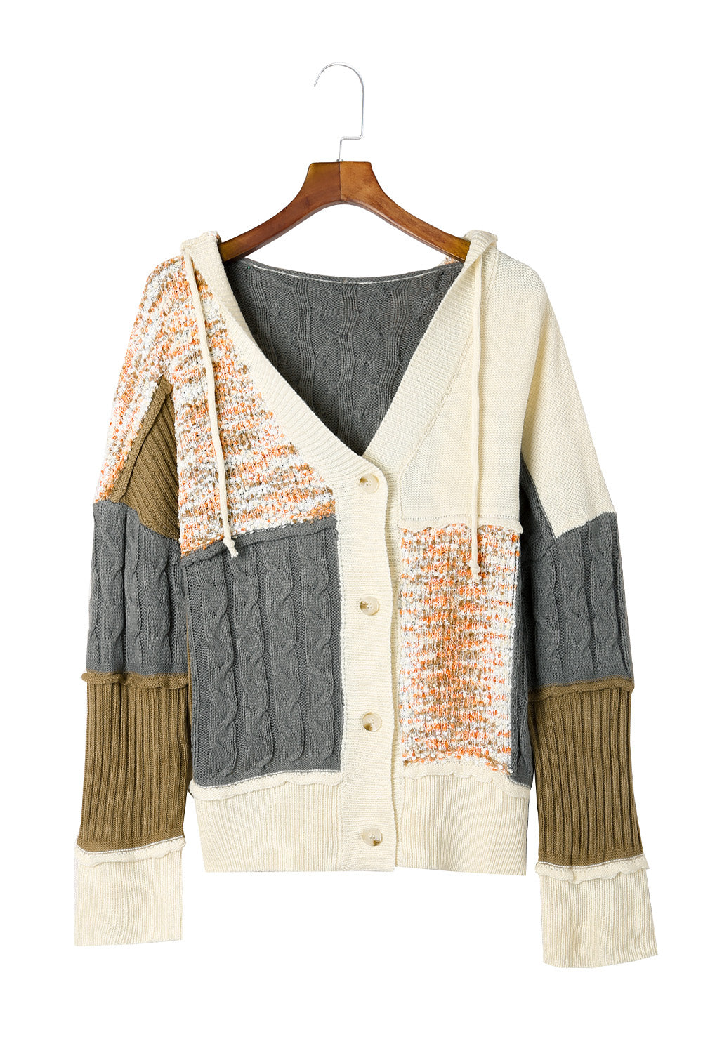 Cardigan à capuche beige color block patchwork boutons