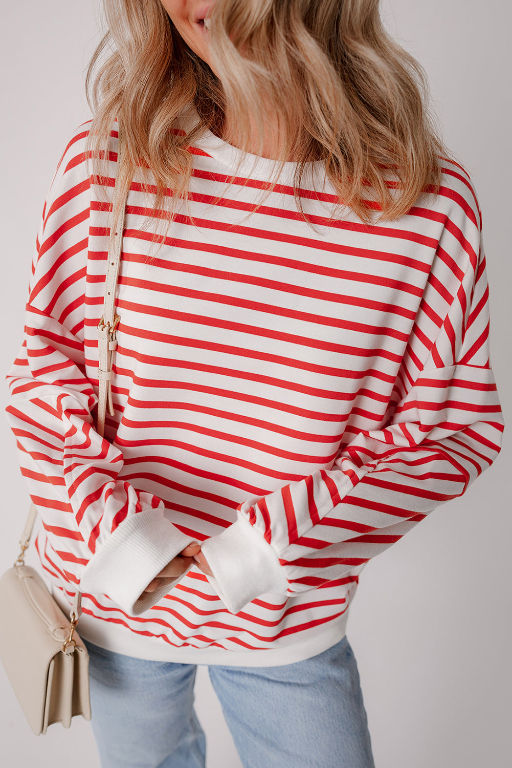 Blue Stripe Drop Shoulder Crew Neck Loose Sweatshirt