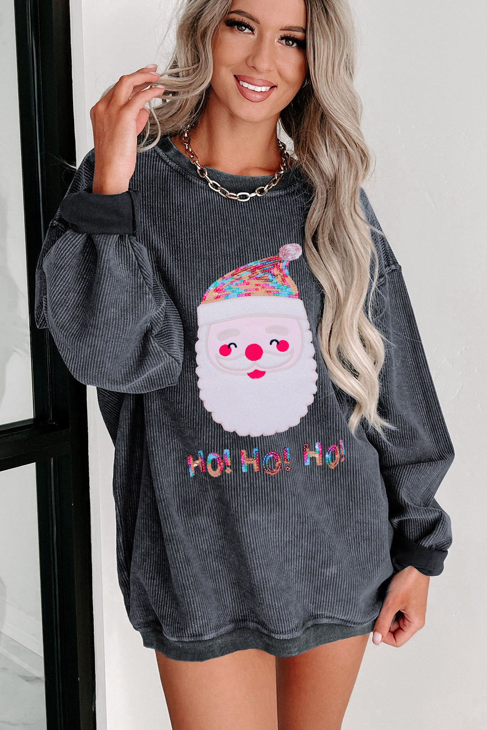 Pink Solid Ribbed Knit Round Neck Pullover Sweatshirt