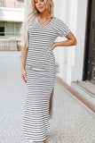 Striped Print Side Split Short Sleeve V Neck Maxi Dress