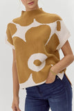 Camel Big Flower Pattern Stand Neck Short Sleeve Sweater