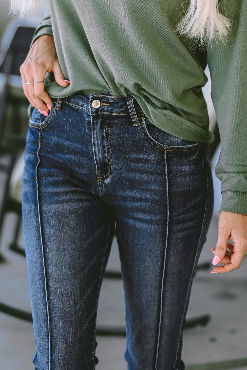 Jean skinny taille haute bleu avec coutures