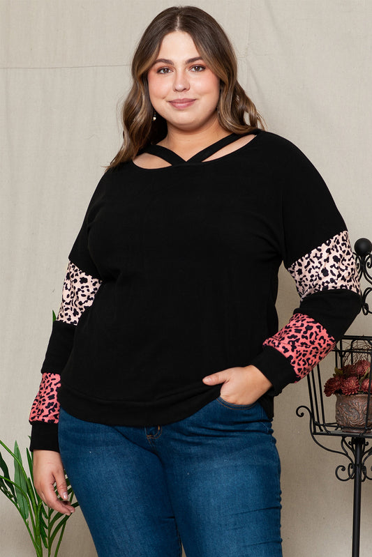 Plus Size Leopard Patchwork Strappy Neck Top