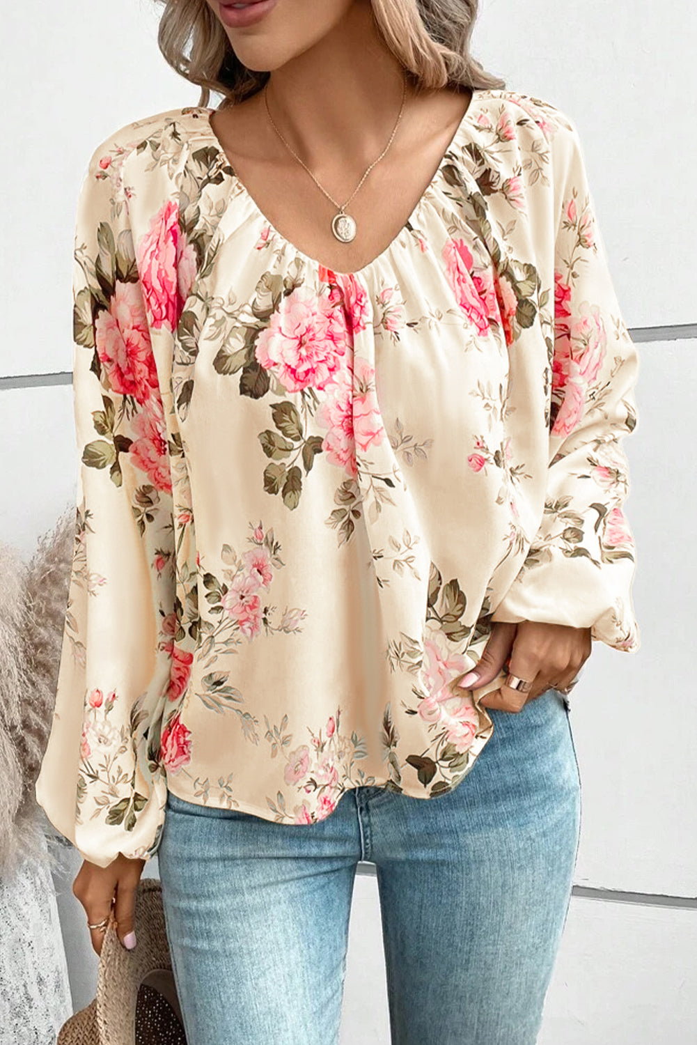 Floral Print Lantern Sleeve V-Neck Blouse