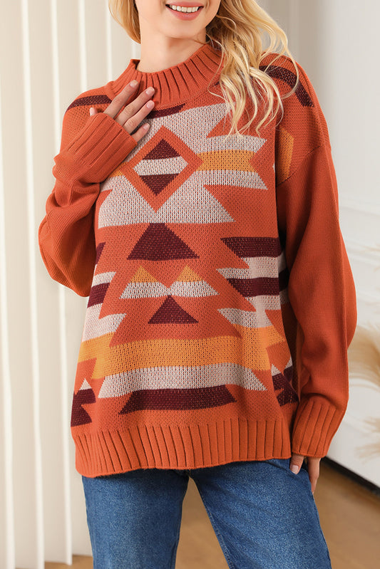 Aztec Knitted High Neck Drop Shoulder Sweater