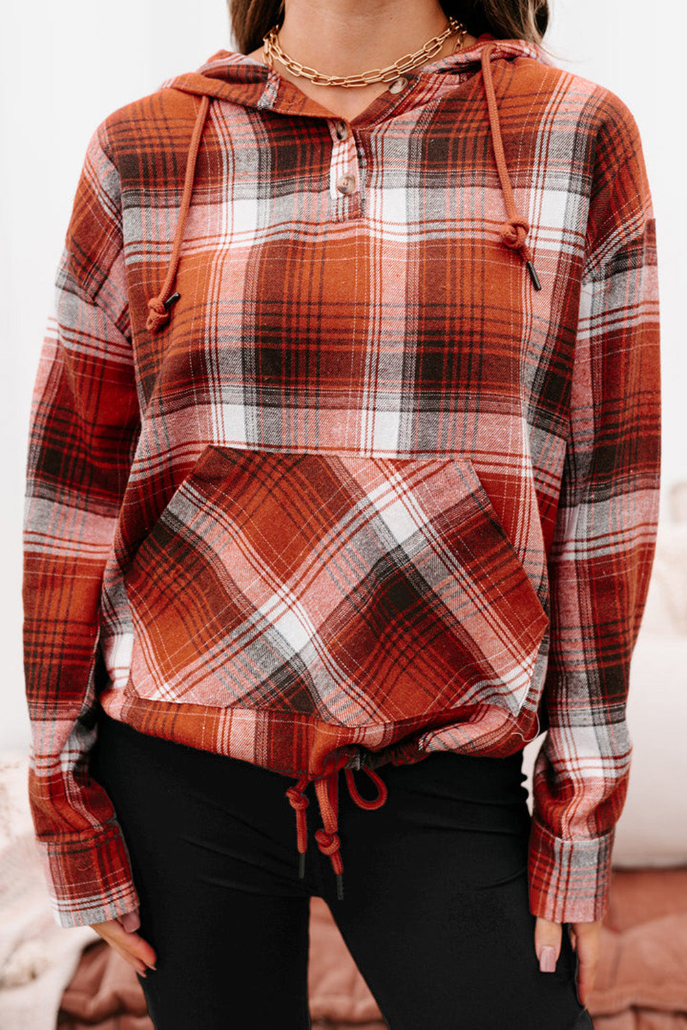 Plaid Print Pocketed Hoodie