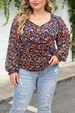 V Neck Bubble Sleeve Floral Blouse