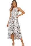 Leopard Smocked High Low Midi Dress