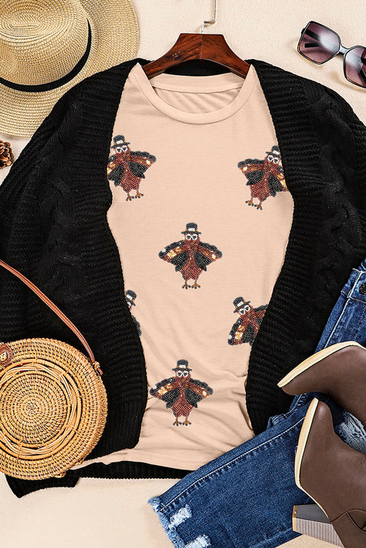 Khaki Sequined Turkey Patched Pattern Crewneck Thanksgiving T Shirt