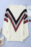 Beige Chevron Striped Drop Shoulder Sweater