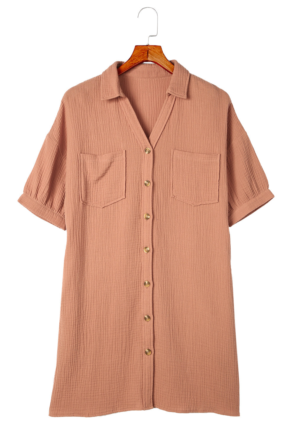 Crinkle Textured Joint Bubble Sleeve Shirt Dress