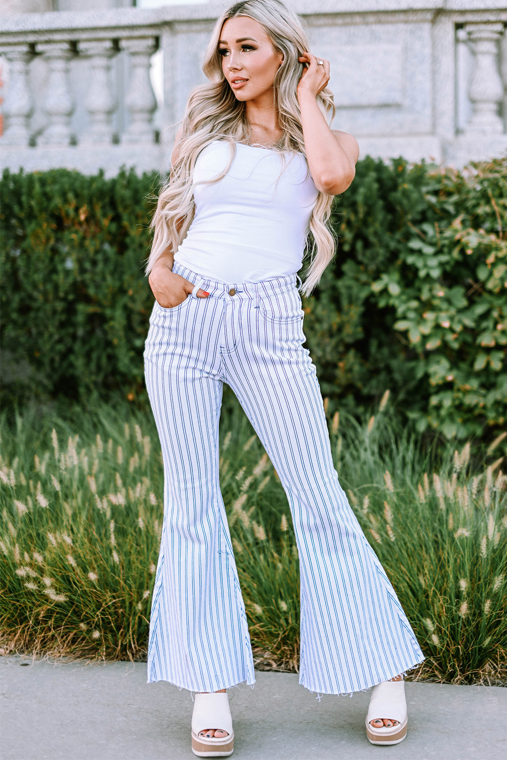 High Waist Striped Print Flared Pants