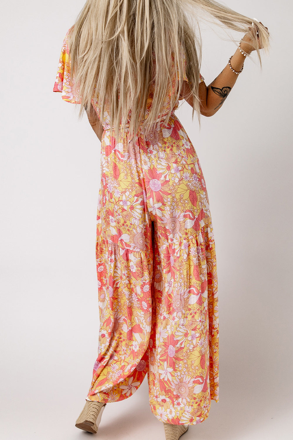 Floral Print Ruffled V Neck High Waist Jumpsuit