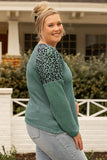 Green Leopard Waffle Knit Buttoned V Neck Blouse