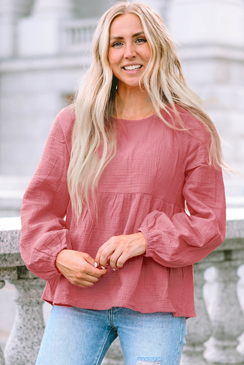 Bubble Sleeve Textured Flowy Blouse