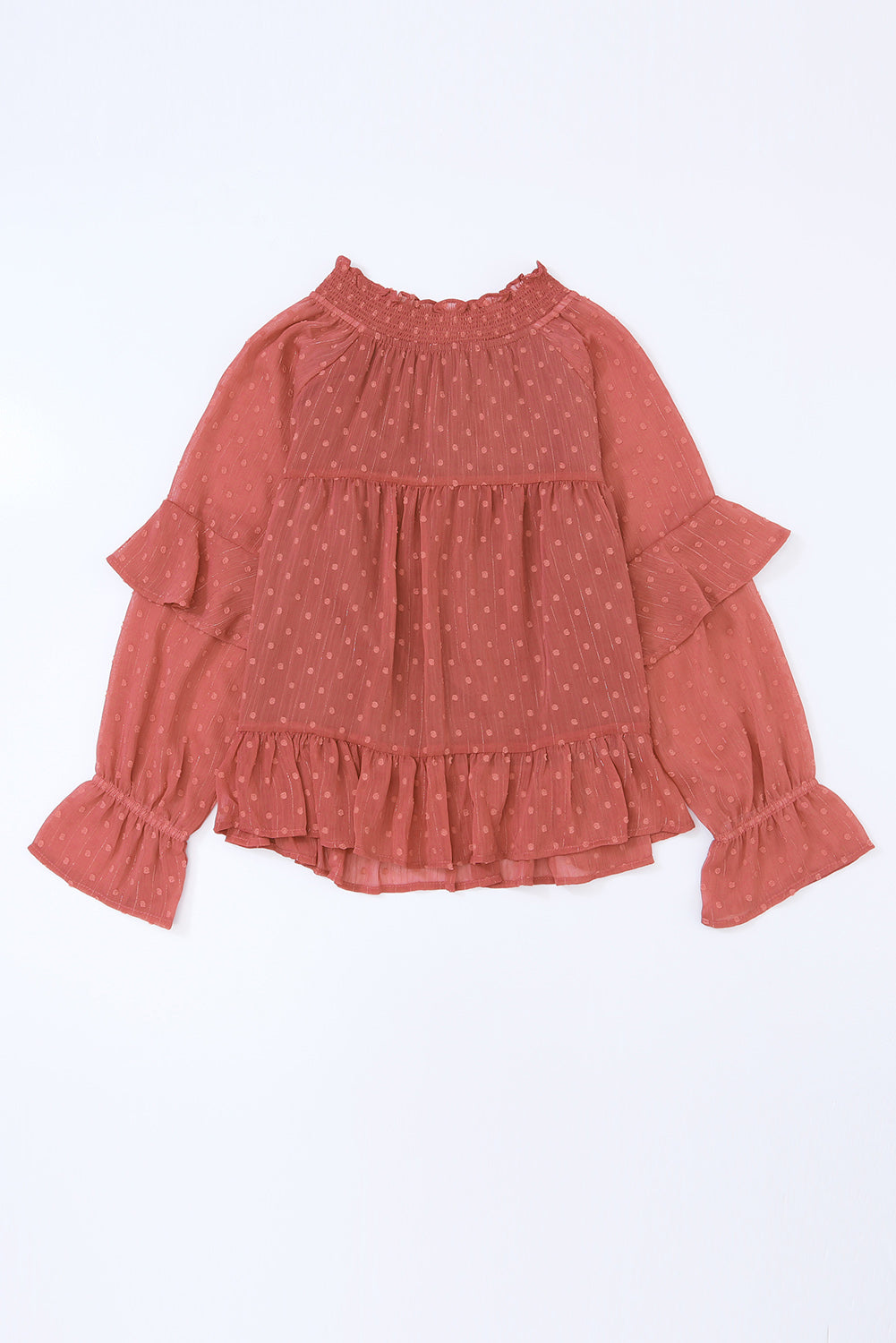 Swiss Dot Lace up V Neck Ruffled Blouse