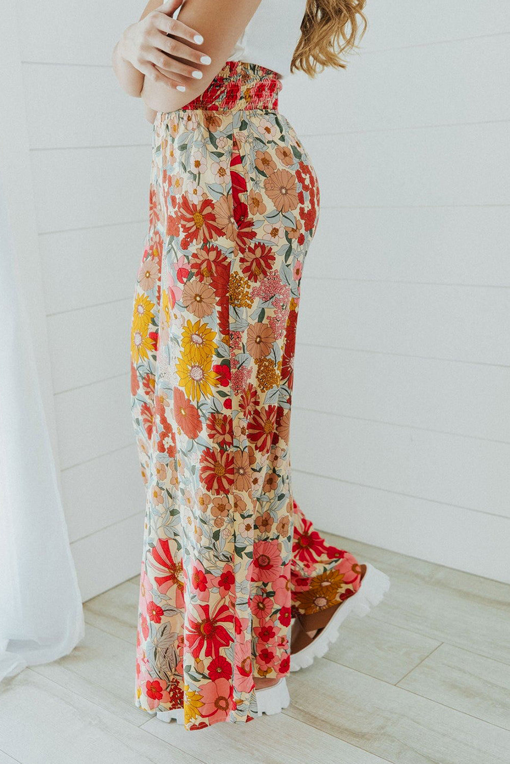 Oatmeal Boho Floral Smocked Waist Super Loose Pants