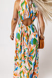 Leaf Print Cut-out High Slit Maxi Dress