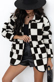 Black Checkered Side Pockets Collared Buttoned Fleece Jacket