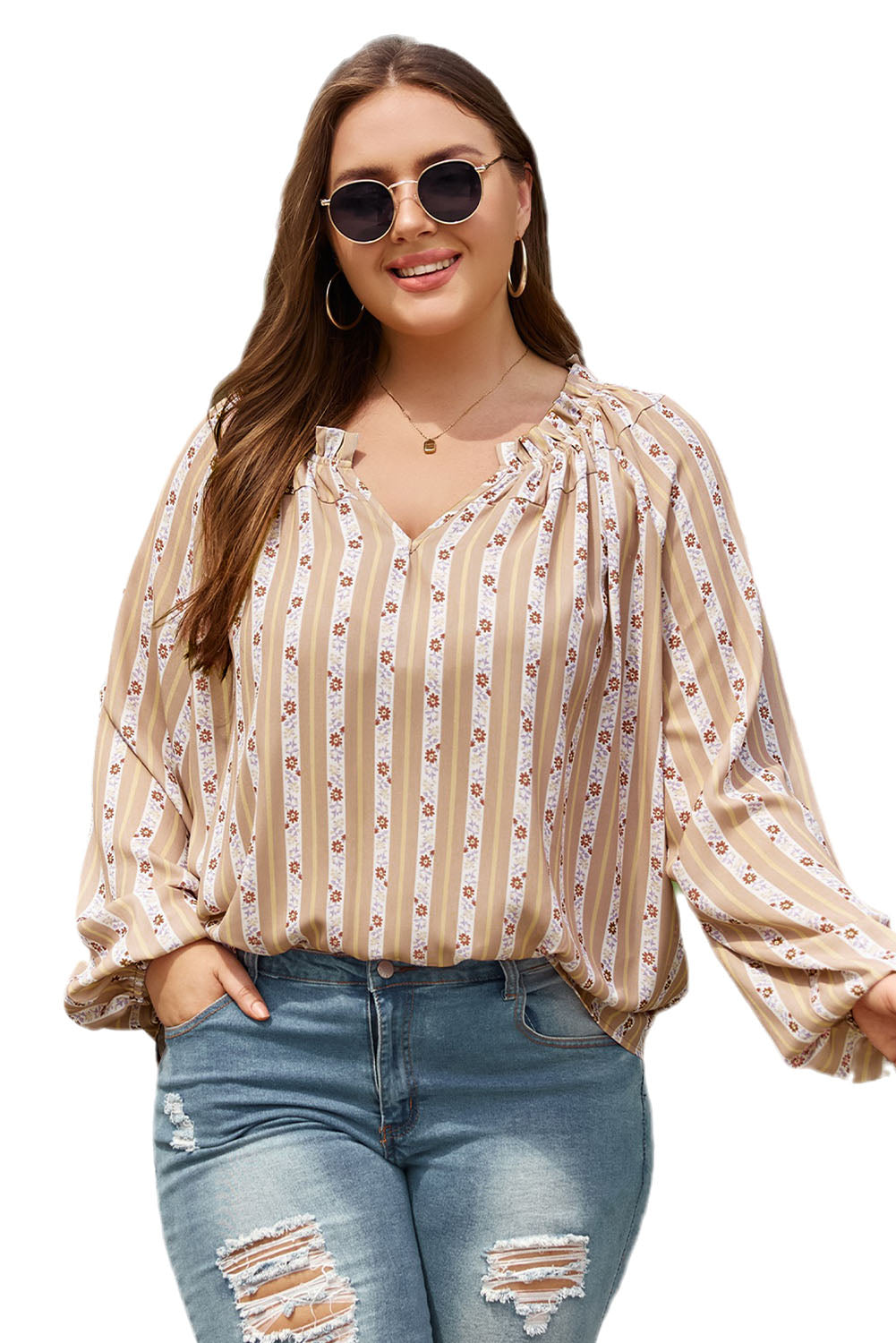 Plus Size Printed Split Neck Blouse