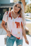 Color Block Ruffled Short Sleeve V Neck T-shirt