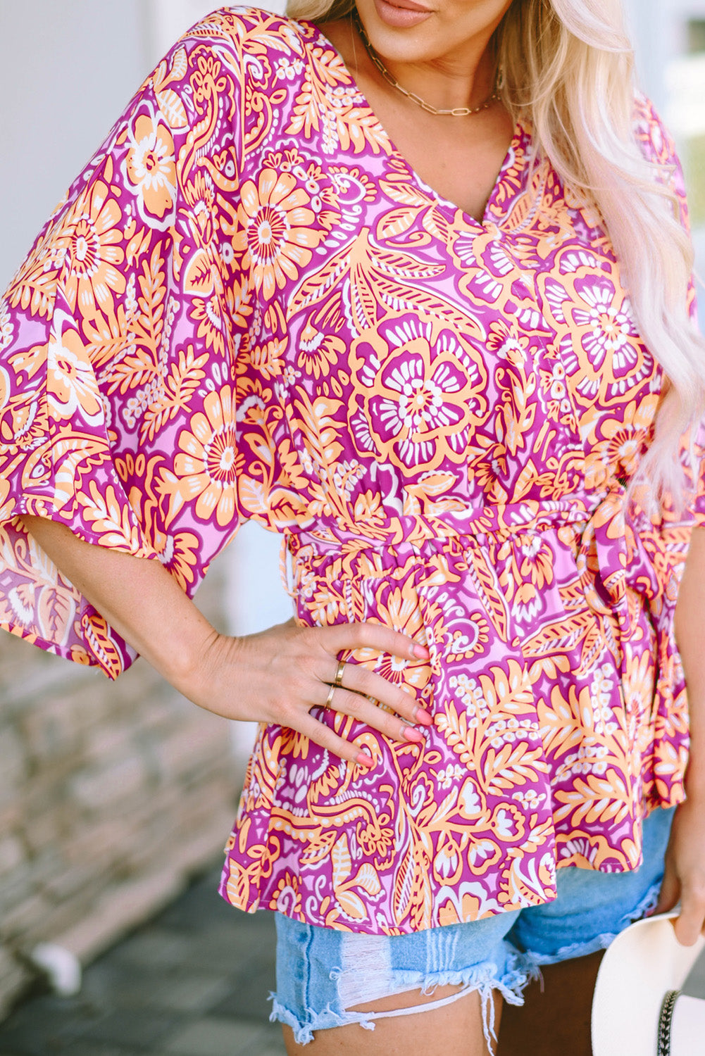 Boho Floral Print Belted Surplice Blouse