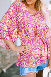 Boho Floral Print Belted Surplice Blouse