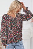 V Cut Lace Patch Tie-up Ruffled Puff Sleeve Floral Blouse