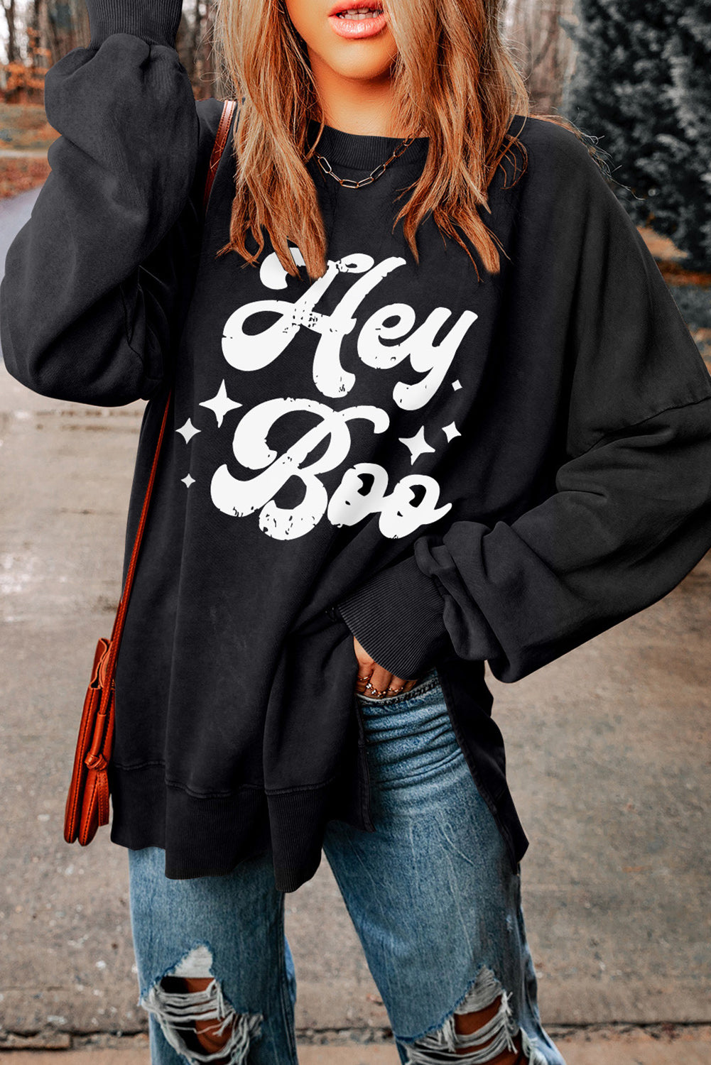 Hey Boo Print Drop Sleeve Side Split Oversized Sweatshirt