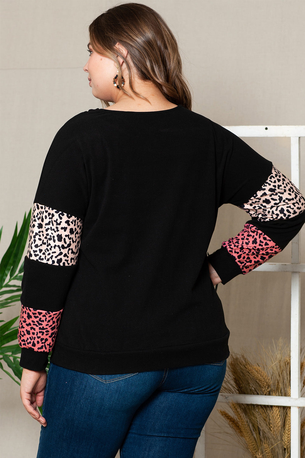 Plus Size Leopard Patchwork Strappy Neck Top