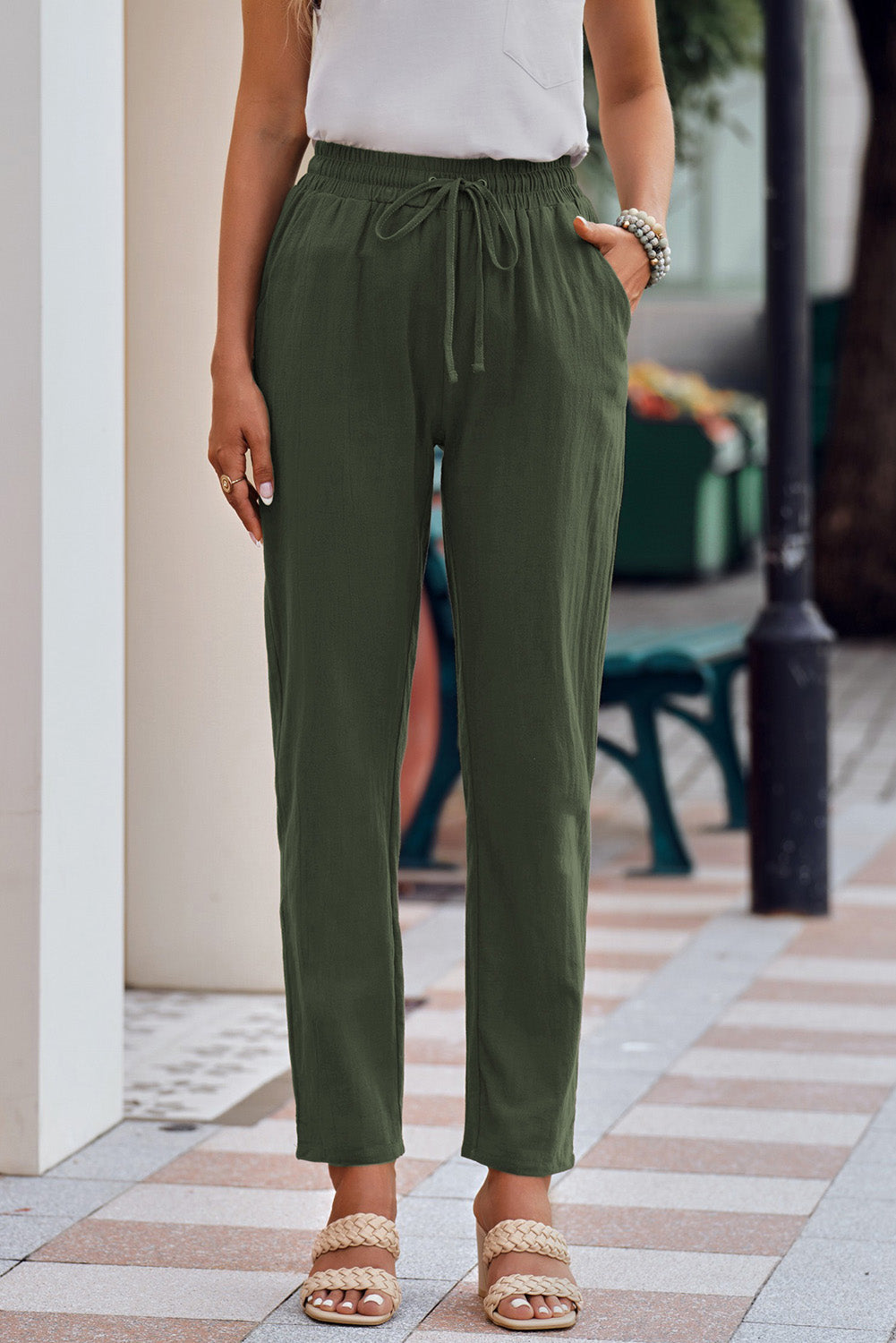 Drawstring Elastic Waist Pockets Long Straight Legs Pants