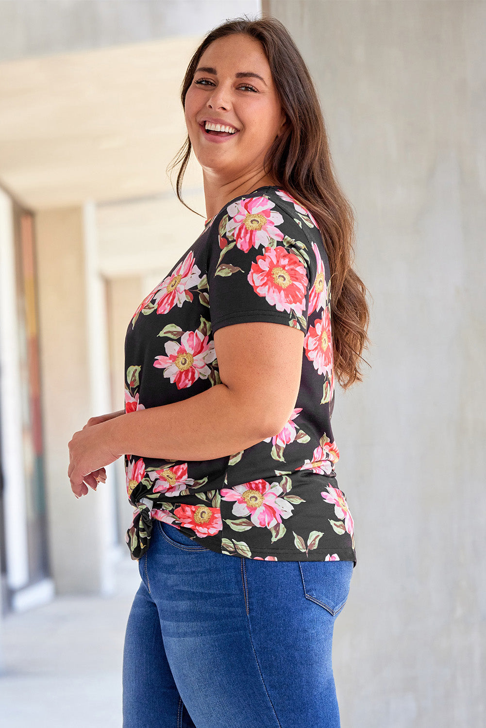 Plus Size Floral Print Twist Knot Top