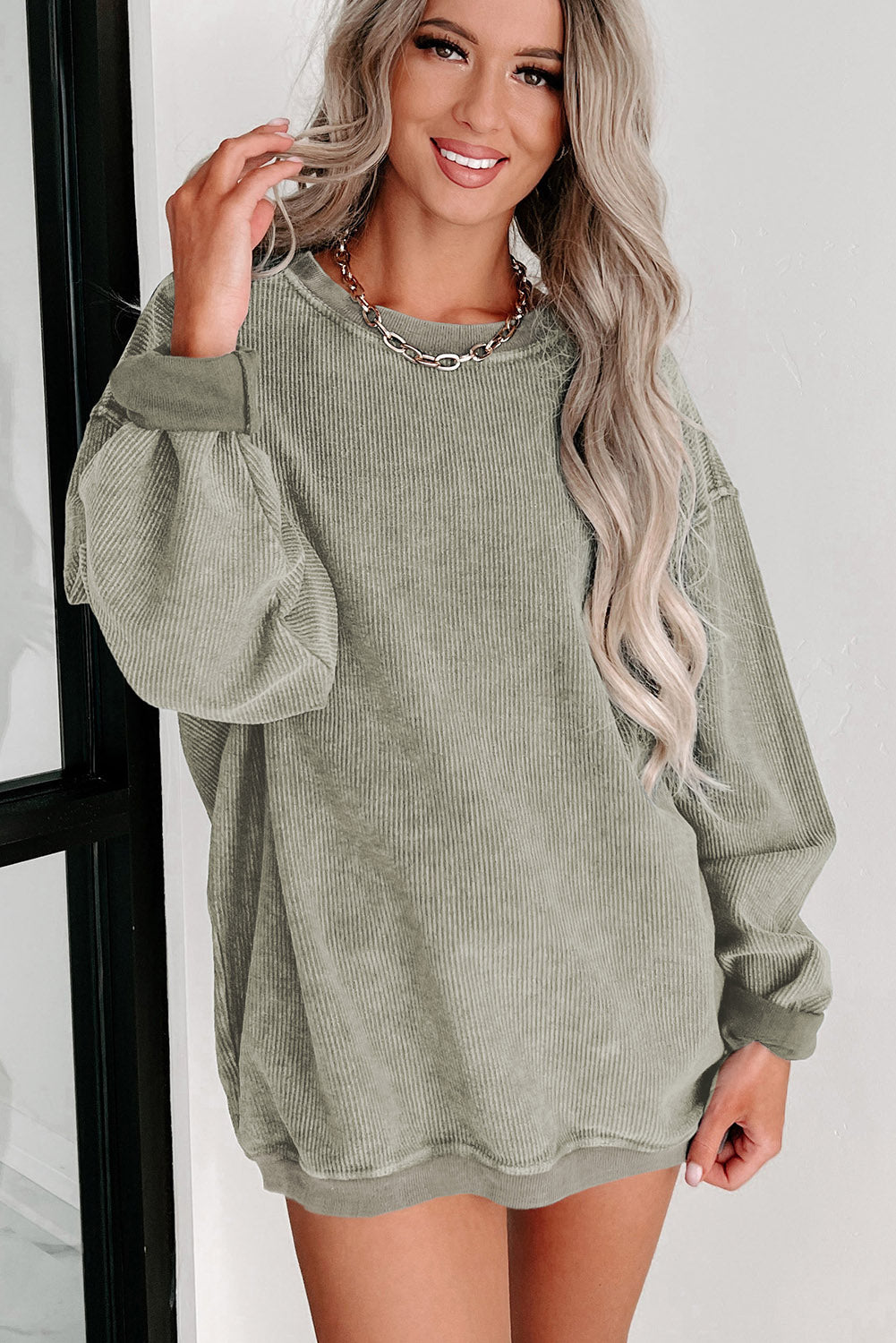 Pink Solid Ribbed Knit Round Neck Pullover Sweatshirt