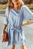 Ruffle Trim Half Sleeve Belted Denim Dress