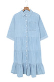 Ruffled Denim Full Buttoned Midi Dress