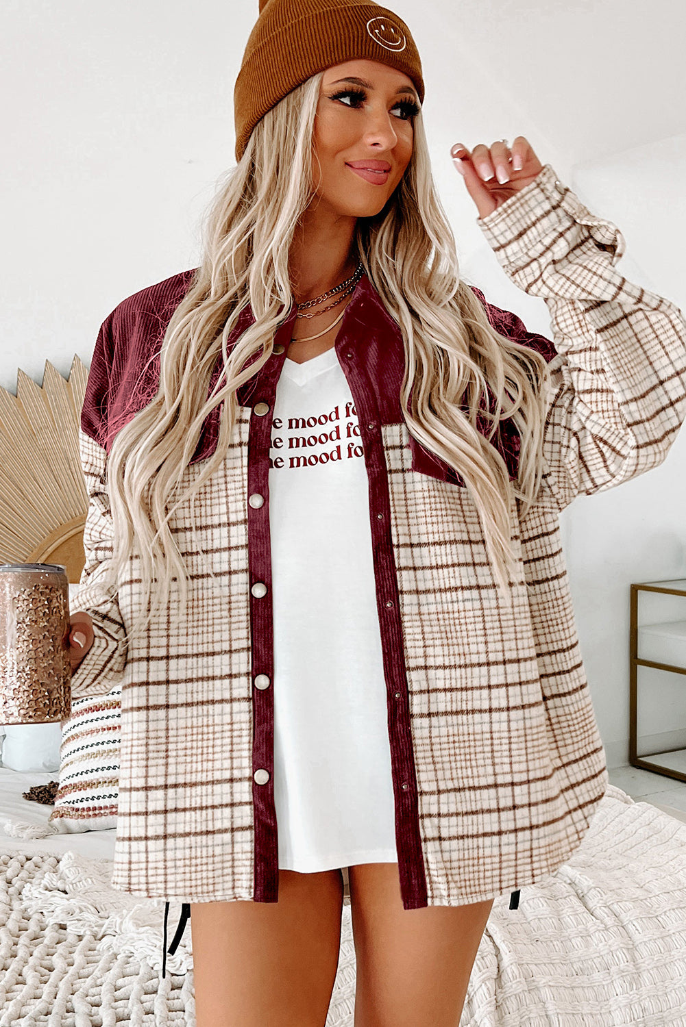 Plaid Patchwork Button-up Shift Shirt Jacket