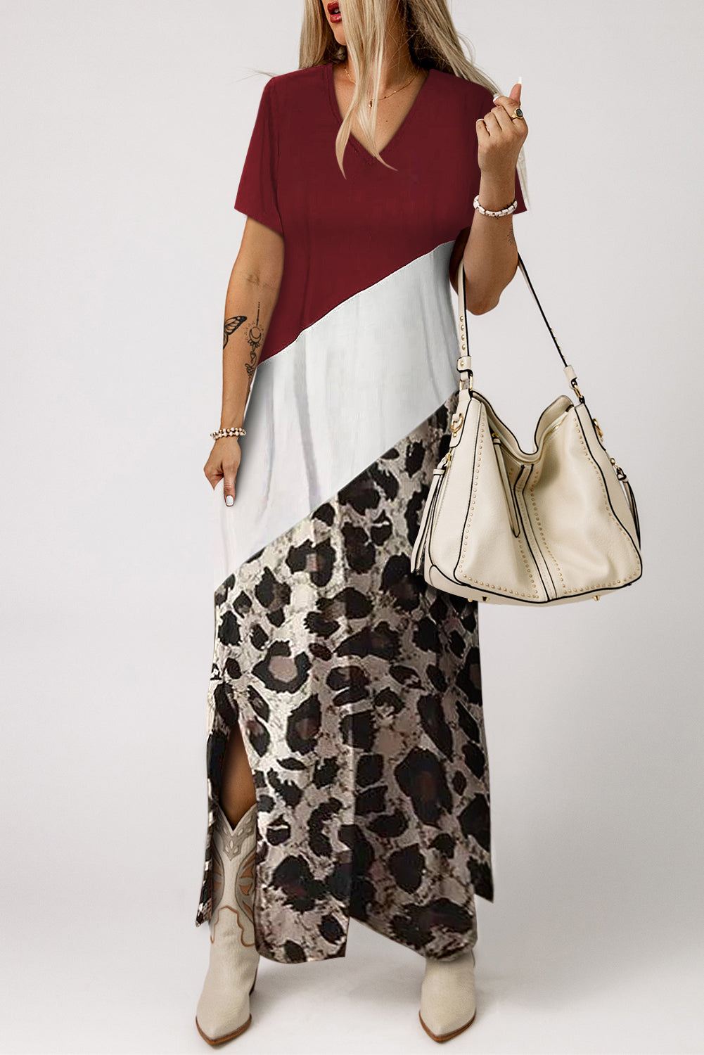 Red Leopard Color Block Side Slit T Shirt Maxi Dress