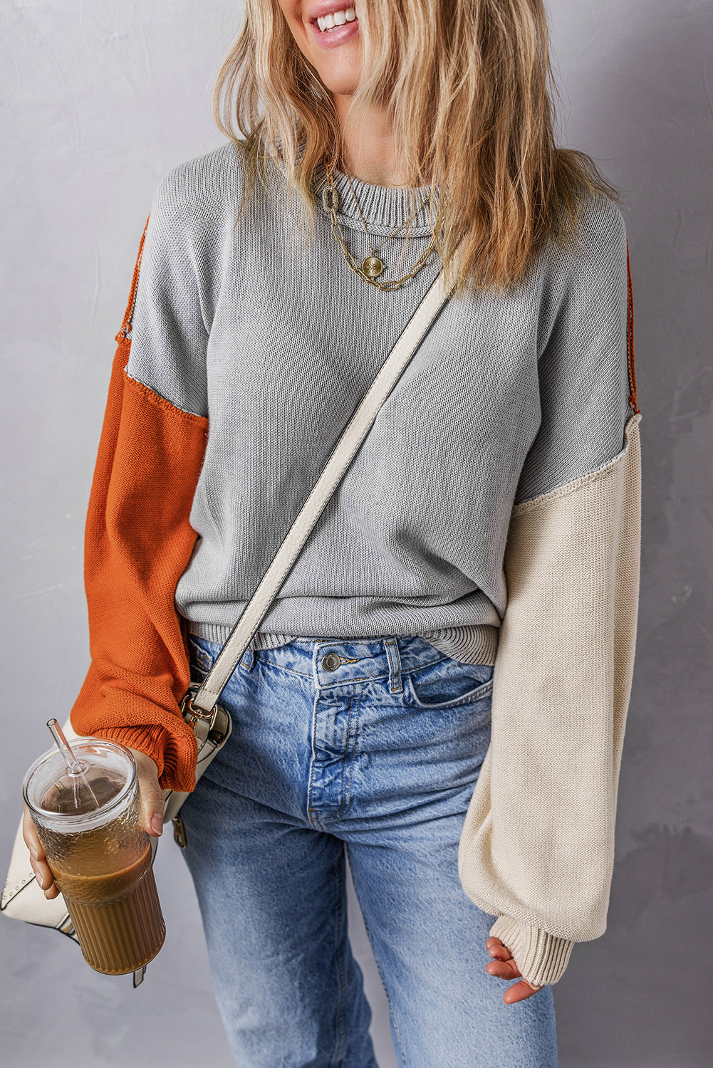 Gray Colorblock Bishop Sleeve Ribbed Trim Sweater