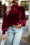 Fiery Red Mock Neck Puff Sleeve Velvet Blouse