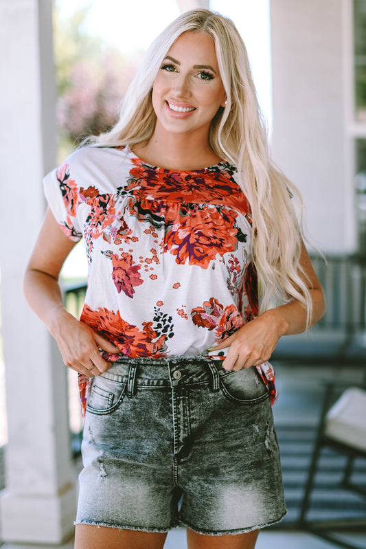 Floral Short Sleeve Round Neck Blouse