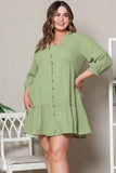 Textured Ruffled Buttoned V Neck Plus Size Mini Dress