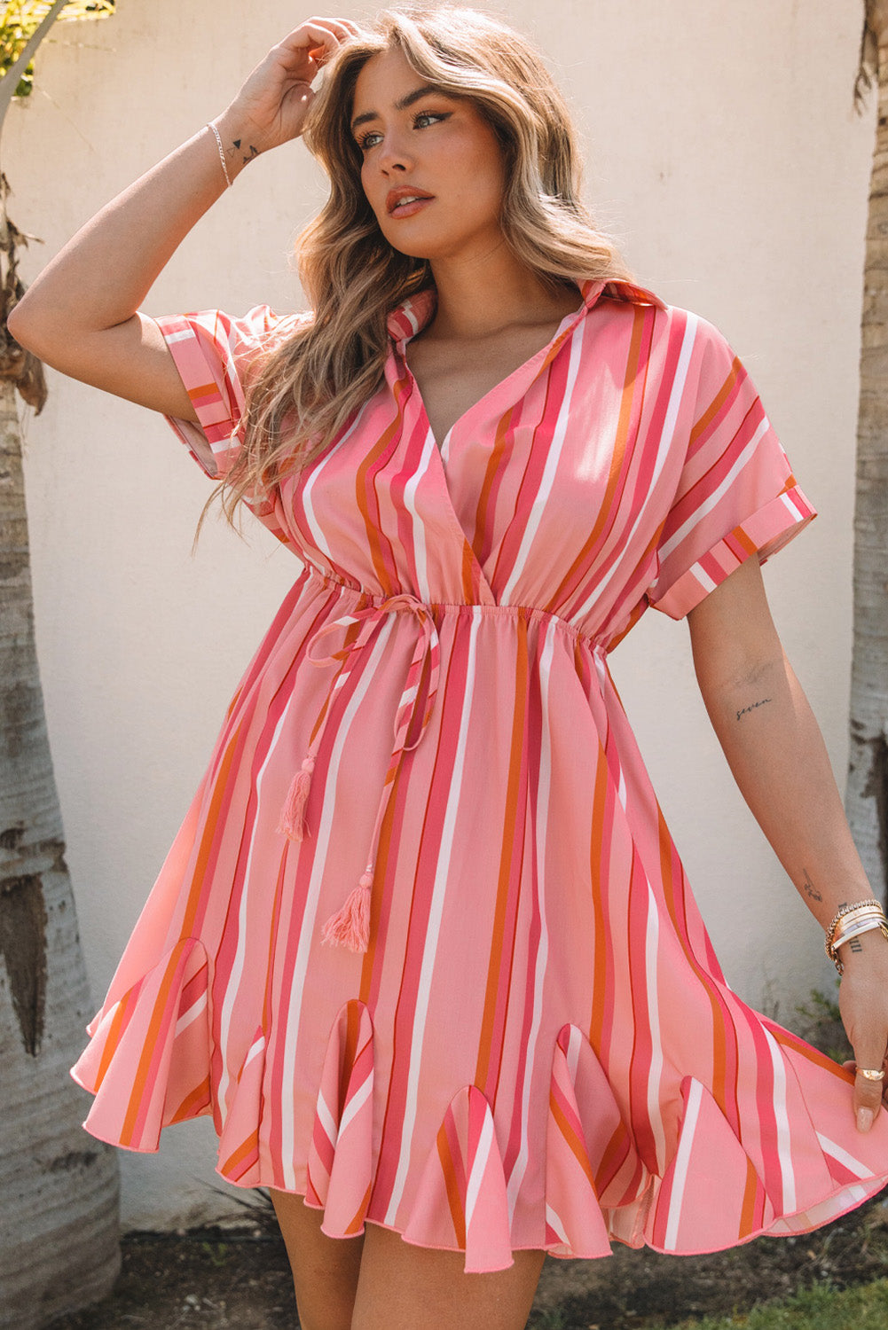 Stripe Print Rolled Short Sleeve V Neck Mini Dress