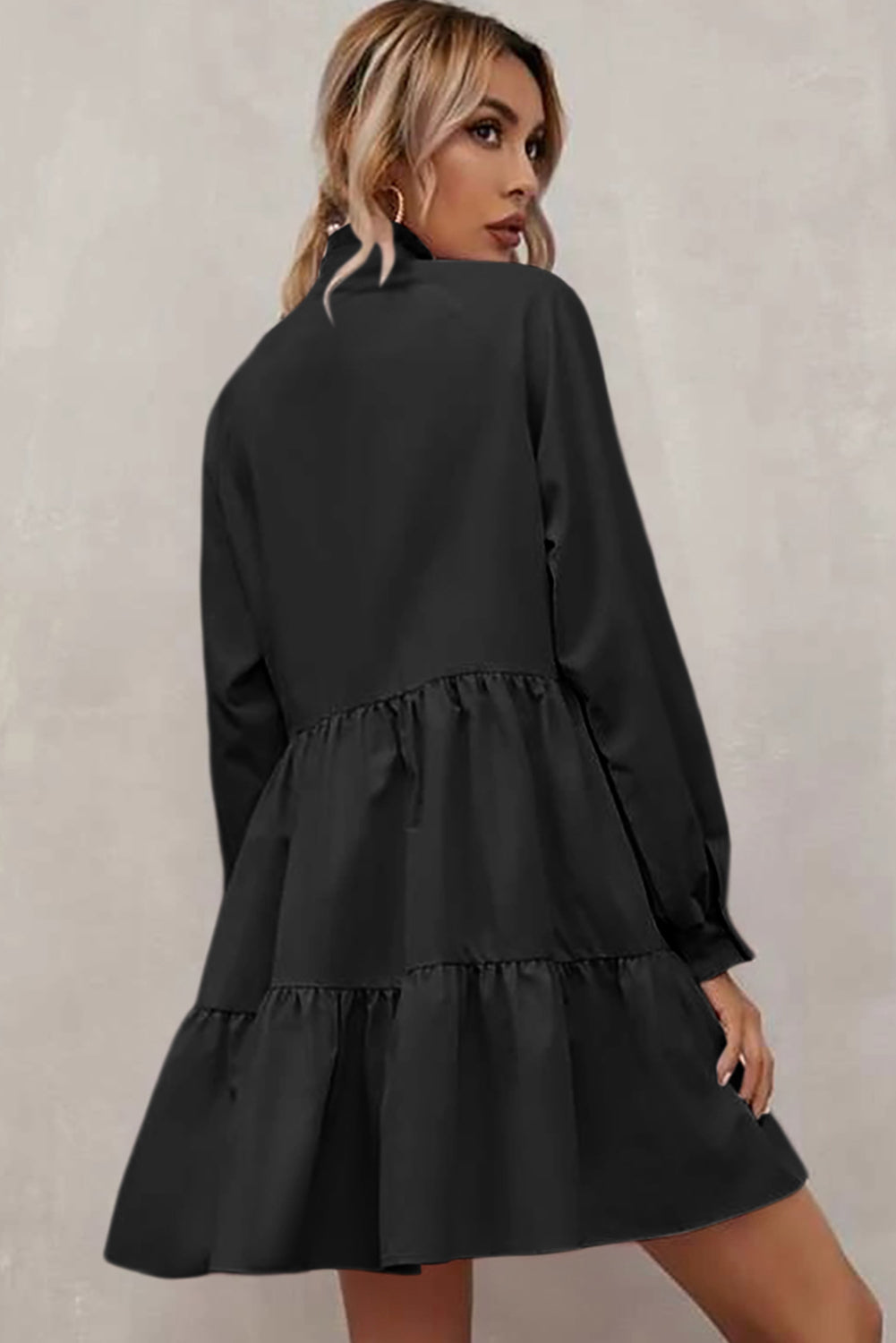 Pink Frilled Stand Collar Long Sleeve Ruffle Dress