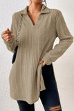 Ribbed Knit V Neck Collared Split Hem Tunic